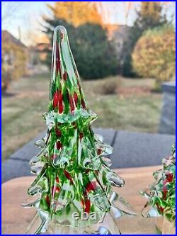 Vintage ART GLASS Handbown CHRISTMAS TREE 11.5 And 8 Heavy set Of 2