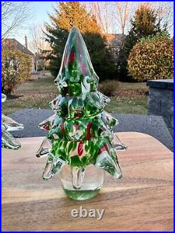 Vintage ART GLASS Handbown CHRISTMAS TREE 11.5 And 8 Heavy set Of 2