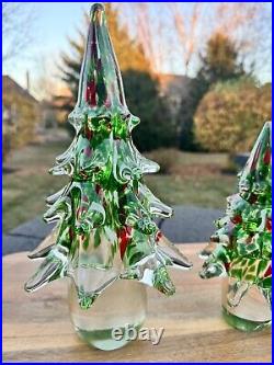 Vintage ART GLASS Handbown CHRISTMAS TREE 11.5 And 8 Heavy set Of 2