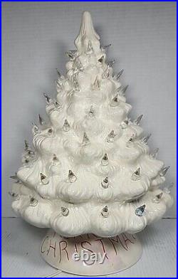 Vintage American Mold Ceramic White Iridescent Merry Christmas Tree 15 Music Box