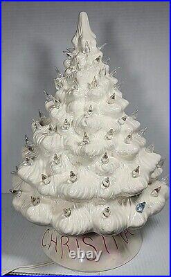 Vintage American Mold Ceramic White Iridescent Merry Christmas Tree 15 Music Box