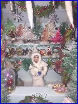 Vintage Antique German Christmas Stall Market Miniature Feather Tree Scene Putz