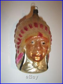 Vintage Antique Glass Christmas Tree Ornament Native American Indian Figural
