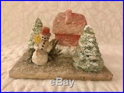 Vintage Antique Rustic Bisque Snowman House Christmas Tree Snow Scene