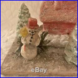 Vintage Antique Rustic Bisque Snowman House Christmas Tree Snow Scene