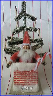 Vintage Antique Santa in Chimney Bottle Brush Christmas Tree Candles Cardboard