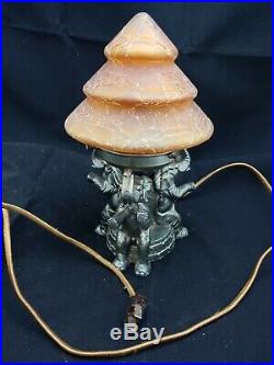 Vintage Art Deco Elephant Lamp & Rare Amber Crackle Glass Christmas Tree Shade
