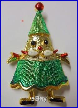 Vintage Art Deco Enamel Gold Tone Christmas Santa Tree Pin Brooch