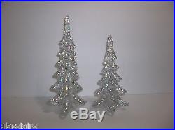 Vintage Art Glass CHRISTMAS TREE Set Of 2 IRIDESCENT CRIMP 10.5 8.5 Evergreen
