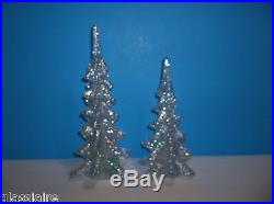 Vintage Art Glass CHRISTMAS TREE Set Of 2 IRIDESCENT CRIMP 10.5 8.5 Evergreen