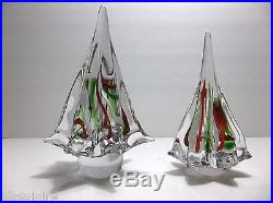 Vintage Art Glass CHRISTMAS TREE Set Of 2 White GREEN Red RIBBON 7 6.25