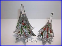 Vintage Art Glass CHRISTMAS TREE Set Of 2 White GREEN Red RIBBON 7 6.25