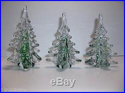 Vintage Art Glass CHRISTMAS TREE Set Of 3 GREEN RIBBON 6.25 5.5 5.25