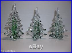 Vintage Art Glass CHRISTMAS TREE Set Of 3 GREEN RIBBON 6.25 5.5 5.25