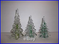Vintage Art Glass CHRISTMAS TREE Set Of 3 GREEN RIBBON 8 6 5.5