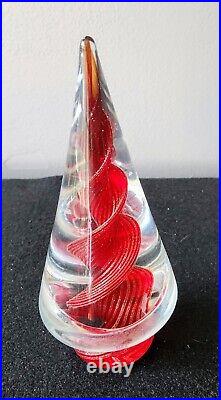 Vintage Art Glass Murano Red & Gold Swirl Christmas Tree Paperweight 7.5 Tall