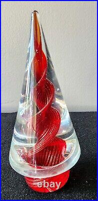 Vintage Art Glass Murano Red & Gold Swirl Christmas Tree Paperweight 7.5 Tall