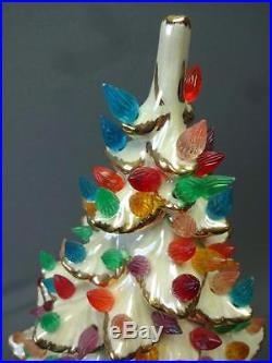 Vintage Atlantic Mold 19.5 Ceramic Lighted Christmas Tree Pearl White Gold Trim