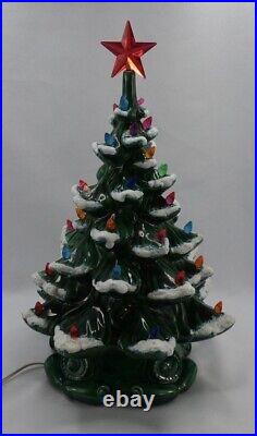 Vintage Atlantic Mold Ceramic 2 Piece Christmas Tree With Snow & Lights 17 EUC