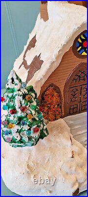 Vintage Atlantic Mold Ceramic Christmas Light Up Church 2 small trees snow cap