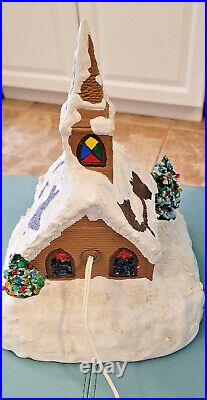 Vintage Atlantic Mold Ceramic Christmas Light Up Church 2 small trees snow cap