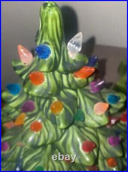 Vintage Atlantic Mold Ceramic Christmas Tree Signed & Dated 1973 Works 2 Pcs 14