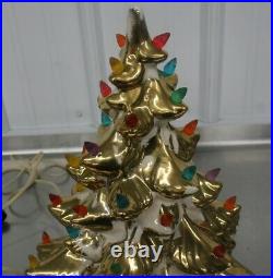 Vintage Atlantic Mold Ceramic Lighted Christmas Tree White Gold Flocked