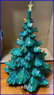 Vintage Atlantic Mold Green Ceramic Christmas Tree Multi Colored 15 1970`s