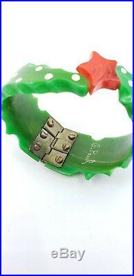 Vintage Bakelite Carved Bracelet Christmas Tree Artisan OOAK Hinged Clamp Signed