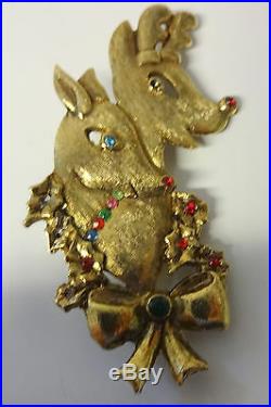 Vintage Beatrix Rhinestone 2 Reindeers Bow Holly Christmas Tree Pin Brooch RARE