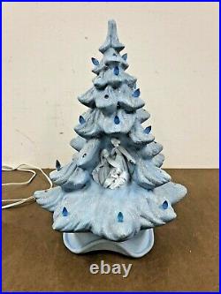 Vintage Blue Ceramic Christmas Tree w Nativity Scene snow flocked mary & joseph