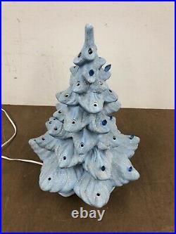 Vintage Blue Ceramic Christmas Tree w Nativity Scene snow flocked mary & joseph