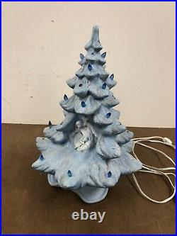 Vintage Blue Ceramic Christmas Tree w Nativity Scene snow flocked mary & joseph