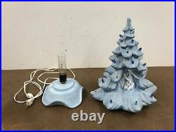 Vintage Blue Ceramic Christmas Tree w Nativity Scene snow flocked mary & joseph
