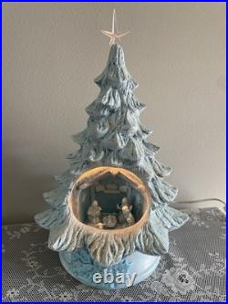 Vintage Blue Christmas Ceramic Tree Nativity Scene Glittery Corded Light 13 H