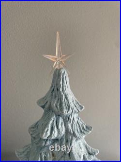 Vintage Blue Christmas Ceramic Tree Nativity Scene Glittery Corded Light 13 H