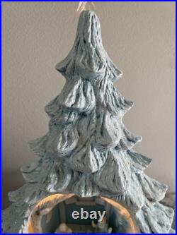 Vintage Blue Christmas Ceramic Tree Nativity Scene Glittery Corded Light 13 H