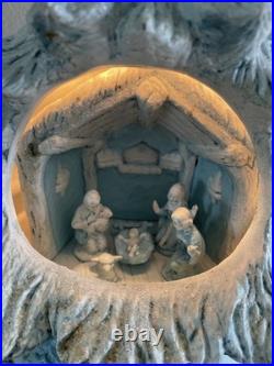 Vintage Blue Christmas Ceramic Tree Nativity Scene Glittery Corded Light 13 H