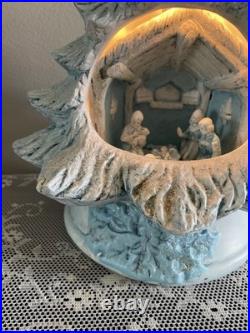 Vintage Blue Christmas Ceramic Tree Nativity Scene Glittery Corded Light 13 H