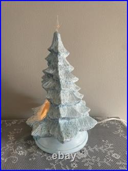 Vintage Blue Christmas Ceramic Tree Nativity Scene Glittery Corded Light 13 H