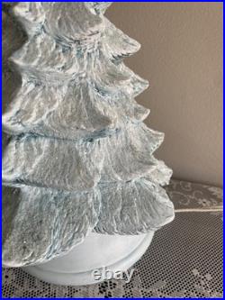 Vintage Blue Christmas Ceramic Tree Nativity Scene Glittery Corded Light 13 H