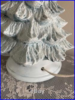 Vintage Blue Christmas Ceramic Tree Nativity Scene Glittery Corded Light 13 H