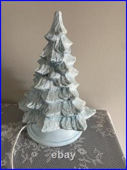 Vintage Blue Christmas Ceramic Tree Nativity Scene Glittery Corded Light 13 H
