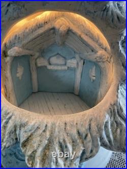 Vintage Blue Christmas Ceramic Tree Nativity Scene Glittery Corded Light 13 H