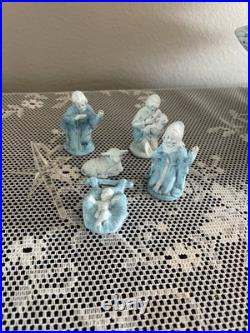 Vintage Blue Christmas Ceramic Tree Nativity Scene Glittery Corded Light 13 H
