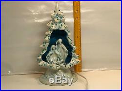 Vintage Blue White nativity ceramic Christmas tree Front Diorama Jesus Mary