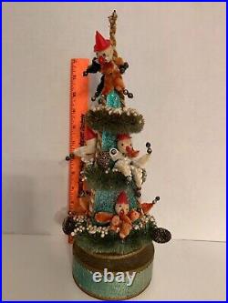 Vintage Bottle Brush Christmas Tree Music Box Revolving Spun Cotton Elves RARE