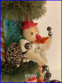 Vintage Bottle Brush Christmas Tree Music Box Revolving Spun Cotton Elves RARE