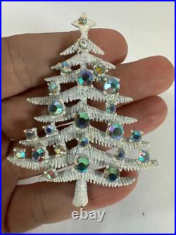 Vintage Brooch Hollycraft Christmas Tree White AB Rhinestone Silvertone