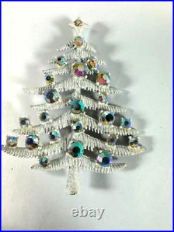 Vintage Brooch Hollycraft Christmas Tree White AB Rhinestone Silvertone